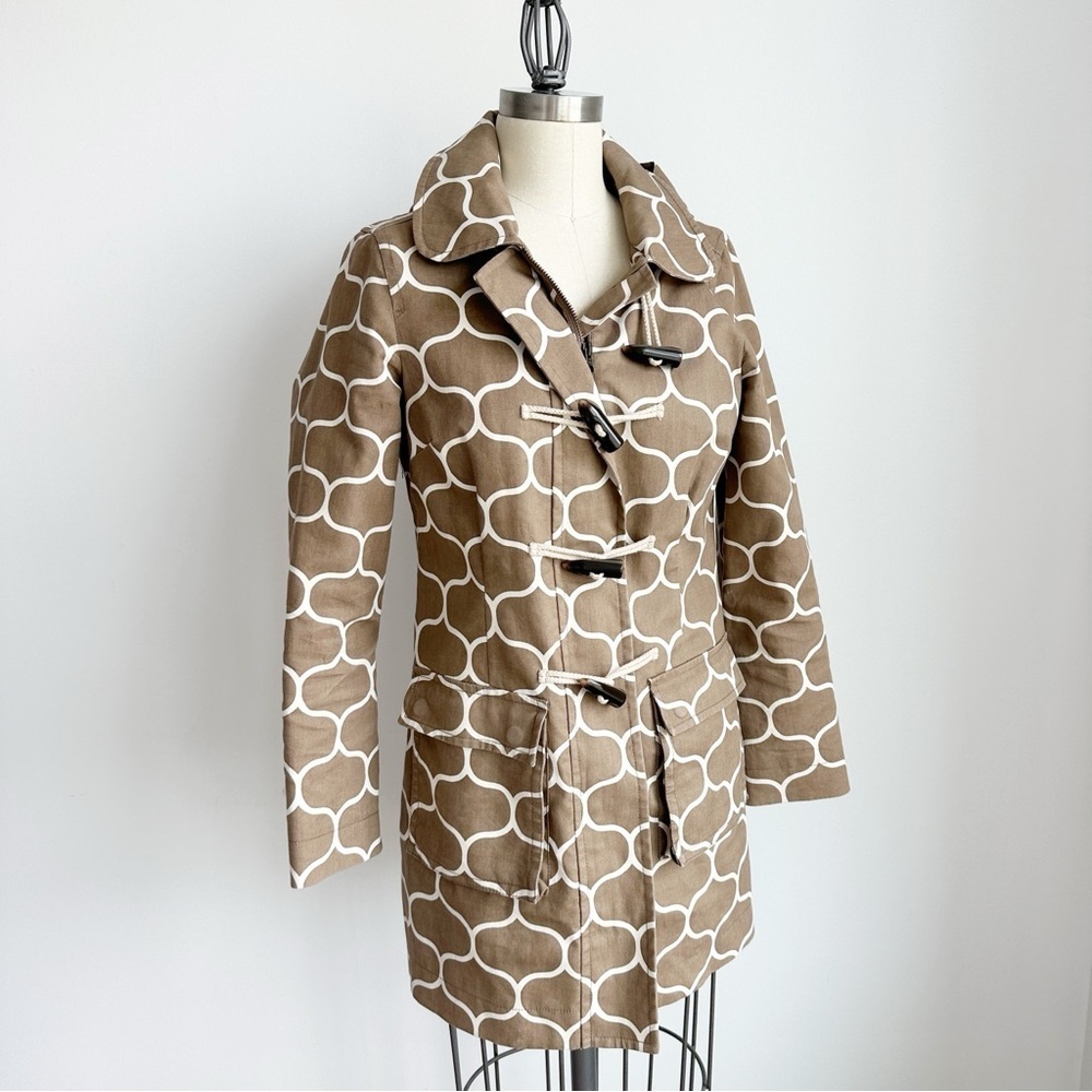 Boden Think the Rainy Day Printed Trench Coat Women’s 4 Brown White Toggle Zip